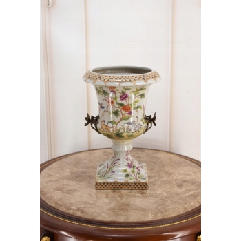 Porcelanowy Wazon Puchar Amfora Porcelana + Ważki z Brązu