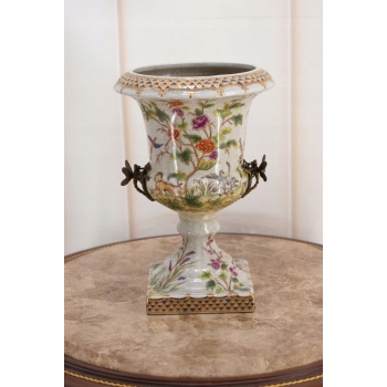 Porcelanowy Wazon Puchar Amfora Porcelana + Ważki z Brązu