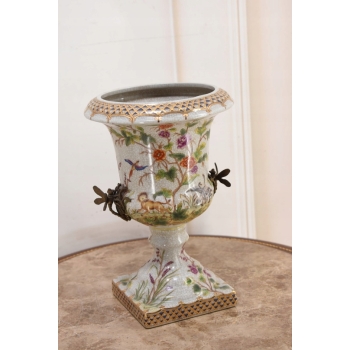 Porcelanowy Wazon Puchar Amfora Porcelana + Ważki z Brązu