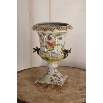 Porcelanowy Wazon Puchar Amfora Porcelana + Ważki z Brązu