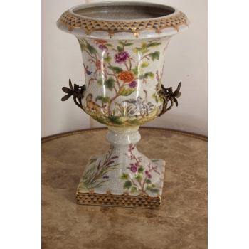 Porcelanowy Wazon Puchar Amfora Porcelana + Ważki z Brązu