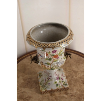 Porcelanowy Wazon Puchar Amfora Porcelana + Ważki z Brązu