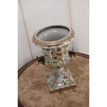 Porcelanowy Wazon Puchar Amfora Porcelana + Ważki z Brązu