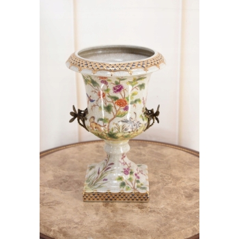 Porcelanowy Wazon Puchar Amfora Porcelana + Ważki z Brązu