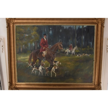 WOJCIECH KOSSAK - Myśliwy na Koniu Polowanie Par Force - Piękny Stary Obraz
