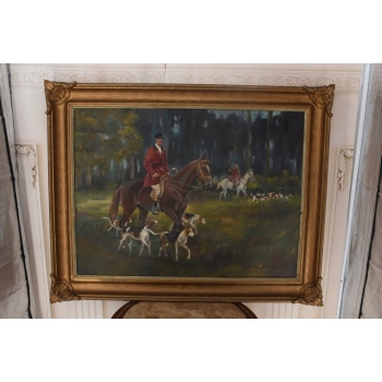 WOJCIECH KOSSAK - Myśliwy na Koniu Polowanie Par Force - Piękny Stary Obraz