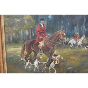 WOJCIECH KOSSAK - Myśliwy na Koniu Polowanie Par Force - Piękny Stary Obraz