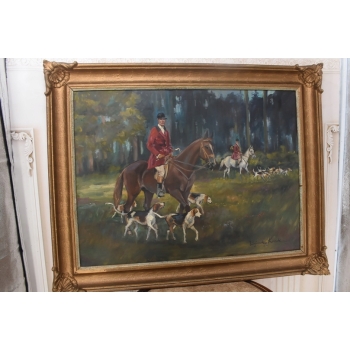 WOJCIECH KOSSAK - Myśliwy na Koniu Polowanie Par Force - Piękny Stary Obraz