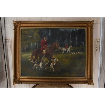 WOJCIECH KOSSAK - Myśliwy na Koniu Polowanie Par Force - Piękny Stary Obraz