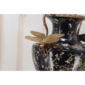 Czarny Porcelanowy Wazon z Ważkami - Amfora Puchar - Porcelana + Brąz