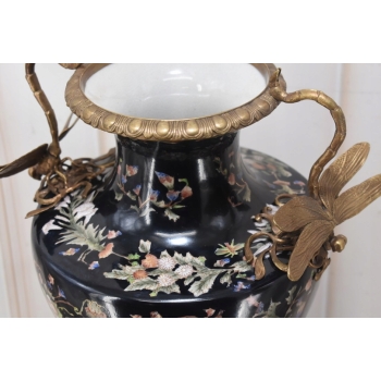 Czarny Porcelanowy Wazon z Ważkami - Amfora Puchar - Porcelana + Brąz