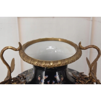 Czarny Porcelanowy Wazon z Ważkami - Amfora Puchar - Porcelana + Brąz