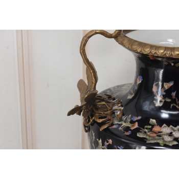 Czarny Porcelanowy Wazon z Ważkami - Amfora Puchar - Porcelana + Brąz