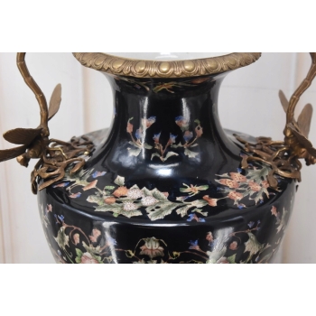 Czarny Porcelanowy Wazon z Ważkami - Amfora Puchar - Porcelana + Brąz