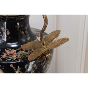 Czarny Porcelanowy Wazon z Ważkami - Amfora Puchar - Porcelana + Brąz