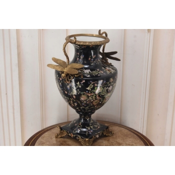 Czarny Porcelanowy Wazon z Ważkami - Amfora Puchar - Porcelana + Brąz