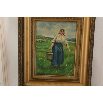 Józef Chełmoński Pejzaż Polskiej Wsi - Kobieta z Wiadrem Mleka Obraz Olejny