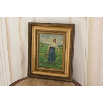 Józef Chełmoński Pejzaż Polskiej Wsi - Kobieta z Wiadrem Mleka Obraz Olejny