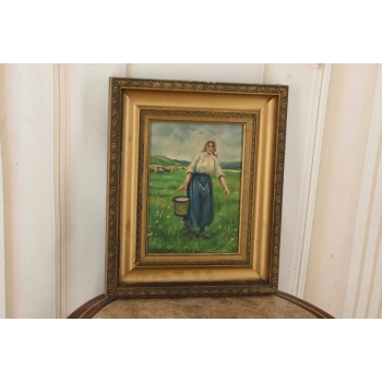 Józef Chełmoński Pejzaż Polskiej Wsi - Kobieta z Wiadrem Mleka Obraz Olejny