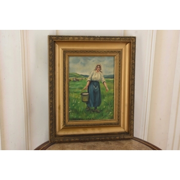 Józef Chełmoński Pejzaż Polskiej Wsi - Kobieta z Wiadrem Mleka Obraz Olejny