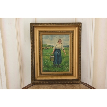 Józef Chełmoński Pejzaż Polskiej Wsi - Kobieta z Wiadrem Mleka Obraz Olejny