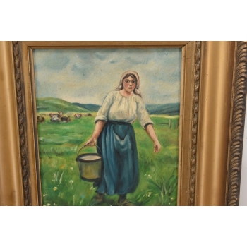 Józef Chełmoński Pejzaż Polskiej Wsi - Kobieta z Wiadrem Mleka Obraz Olejny