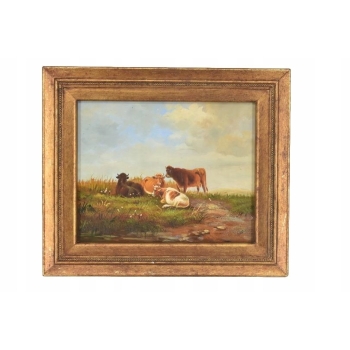Scena Rodzajowa - Stado Krów Na Pastwisku - Obraz Olejny Złota Rama