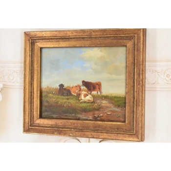 Scena Rodzajowa - Stado Krów Na Pastwisku - Obraz Olejny Złota Rama