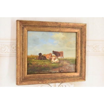 Scena Rodzajowa - Stado Krów Na Pastwisku - Obraz Olejny Złota Rama