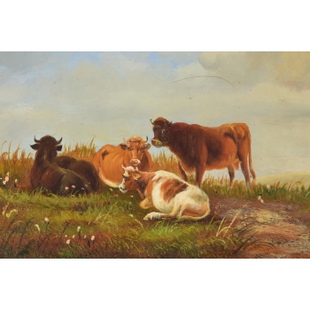 Scena Rodzajowa - Stado Krów Na Pastwisku - Obraz Olejny Złota Rama