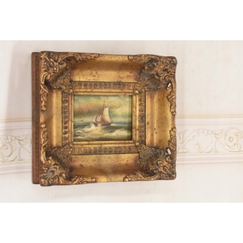 Okręt w Czasie Sztormu - Statek Łódź - Obraz Marynistyczny - Złota Rama