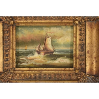 Okręt w Czasie Sztormu - Statek Łódź - Obraz Marynistyczny - Złota Rama