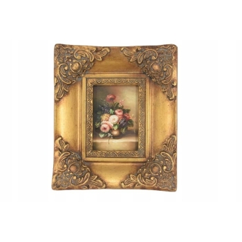 Kolorowe Kwiaty w Wazonie - Martwa Natura Obraz Olejny Złota Zdobiona Rama