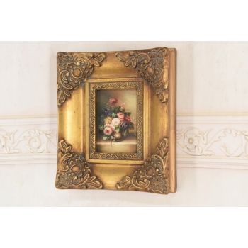 Kolorowe Kwiaty w Wazonie - Martwa Natura Obraz Olejny Złota Zdobiona Rama