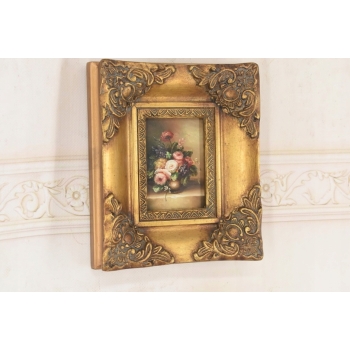 Kolorowe Kwiaty w Wazonie - Martwa Natura Obraz Olejny Złota Zdobiona Rama