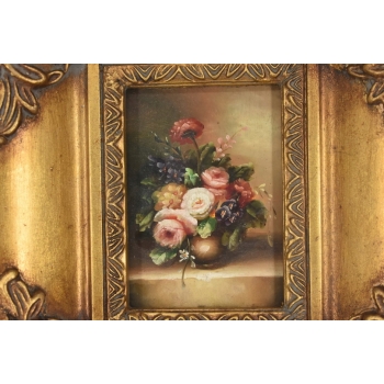 Kolorowe Kwiaty w Wazonie - Martwa Natura Obraz Olejny Złota Zdobiona Rama
