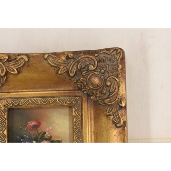 Kolorowe Kwiaty w Wazonie - Martwa Natura Obraz Olejny Złota Zdobiona Rama