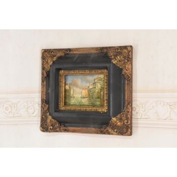 Miasto Przy Wodzie - Rzeka w Wenecji - Obraz Olejny Złoto Czarna Rama