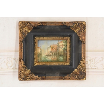 Miasto Przy Wodzie - Włoski Pejzaż - Obraz Olejny Złoto Czarna Rama