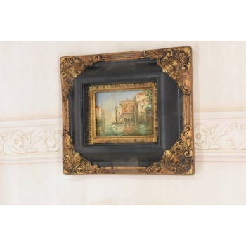 Miasto Przy Wodzie - Włoski Pejzaż - Obraz Olejny Złoto Czarna Rama