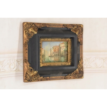 Miasto Przy Wodzie - Włoski Pejzaż - Obraz Olejny Złoto Czarna Rama