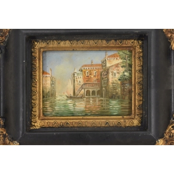 Miasto Przy Wodzie - Włoski Pejzaż - Obraz Olejny Złoto Czarna Rama