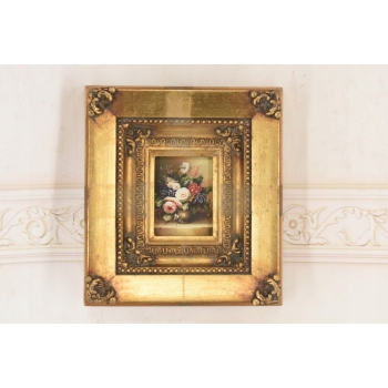 Kolorowe Kwiaty w Wazonie - Martwa Natura Obraz Olejny Złota Zdobiona Rama