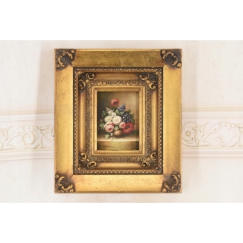 Kolorowe Kwiaty w Wazonie - Martwa Natura Obraz Olejny Złota Zdobiona Rama