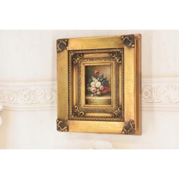 Kolorowe Kwiaty w Wazonie - Martwa Natura Obraz Olejny Złota Zdobiona Rama