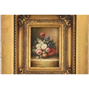 Kolorowe Kwiaty w Wazonie - Martwa Natura Obraz Olejny Złota Zdobiona Rama