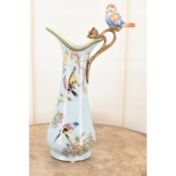 Porcelanowa Karafka - Okuta Brązem Brąz - Kwiaty i Ptaki - Sygnowana