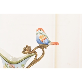 Porcelanowa Karafka - Okuta Brązem Brąz - Kwiaty i Ptaki - Sygnowana