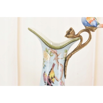 Porcelanowa Karafka - Okuta Brązem Brąz - Kwiaty i Ptaki - Sygnowana