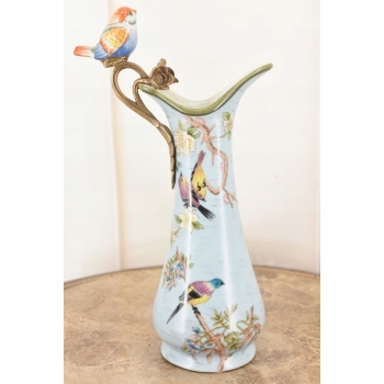 Porcelanowa Karafka - Okuta Brązem Brąz - Kwiaty i Ptaki - Sygnowana